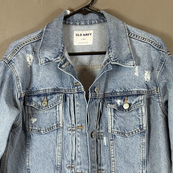 Old Navy Jean Jacket Women's Trucker Style Retro Blue Denim Distressed L Tall - Picture 7 of 13